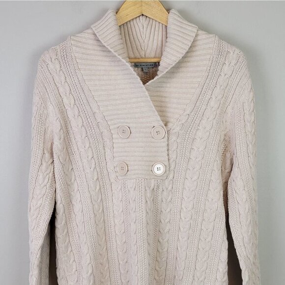 Beige Chunky Cable Knit Sweater Oversized Collar L - Picture 3 of 10